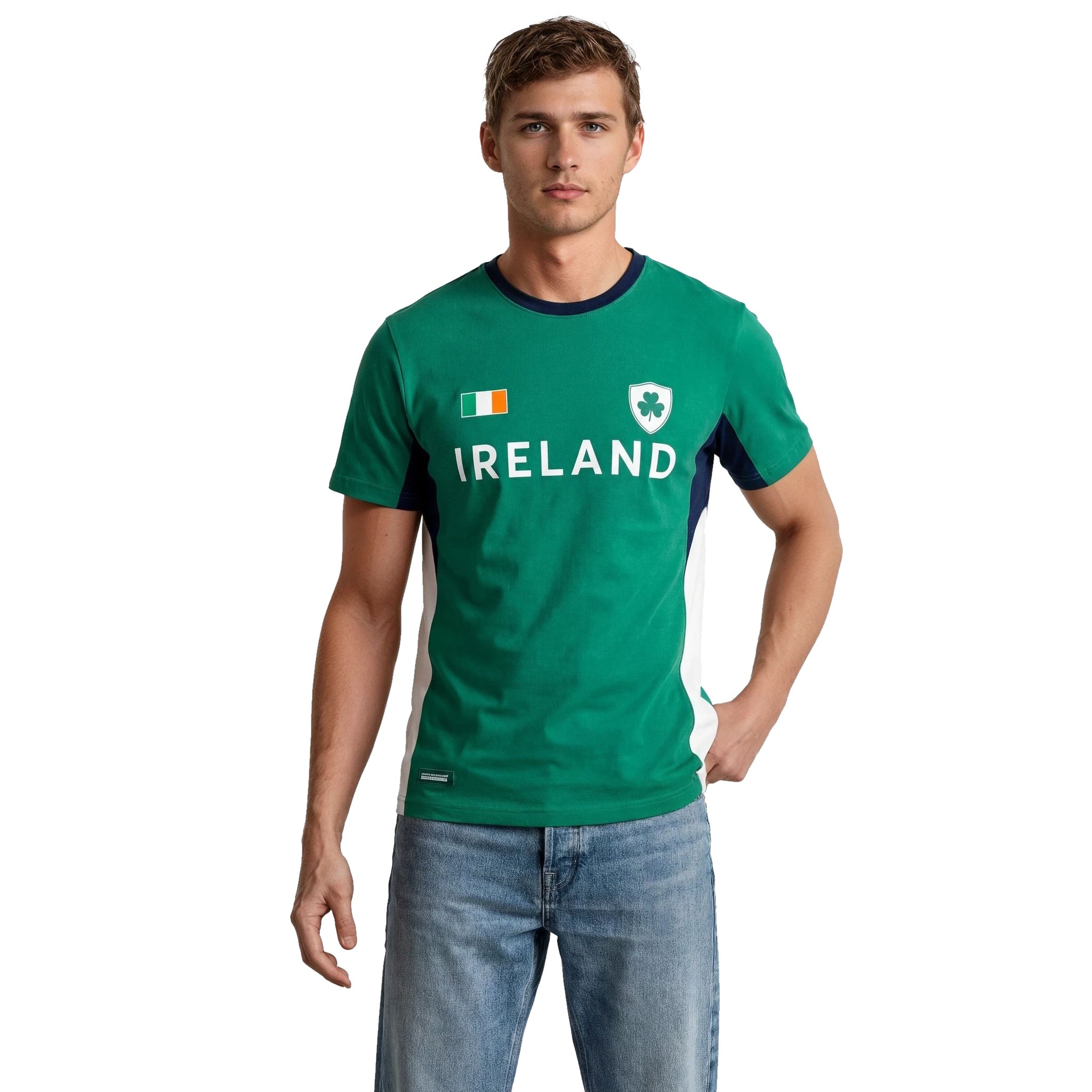 Man wearing a green Ireland colorblock T shirt with white side panels and a shamrock crest.