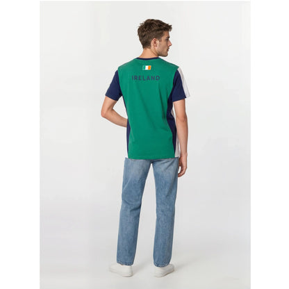 Back view of a male model wearing Ireland Colorblock Unisex T Shirt in green with navy side panels and IRELAND on the back