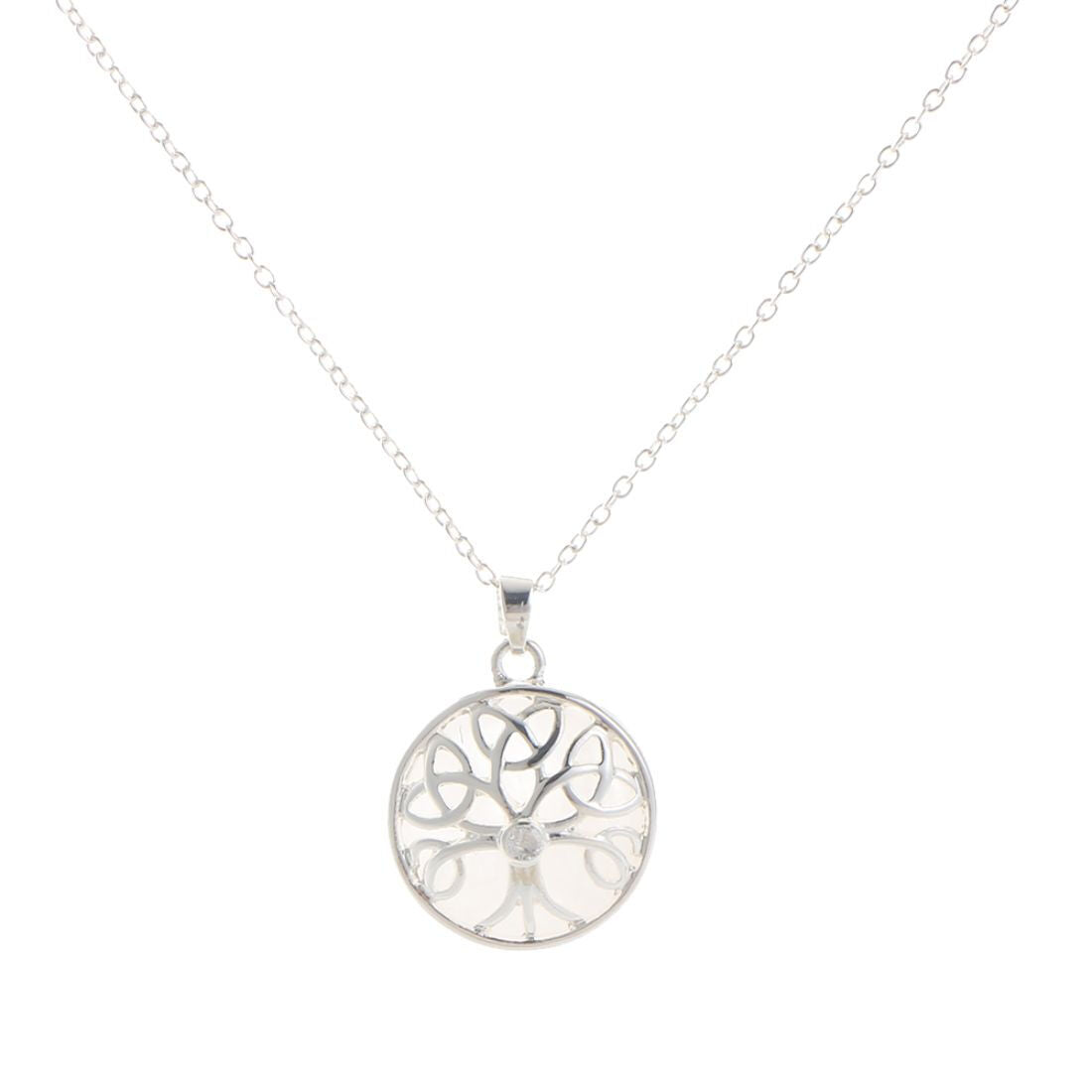Round silver tree of life pendant on a delicate chain from the Quartz Stone Celtic Energy Necklace