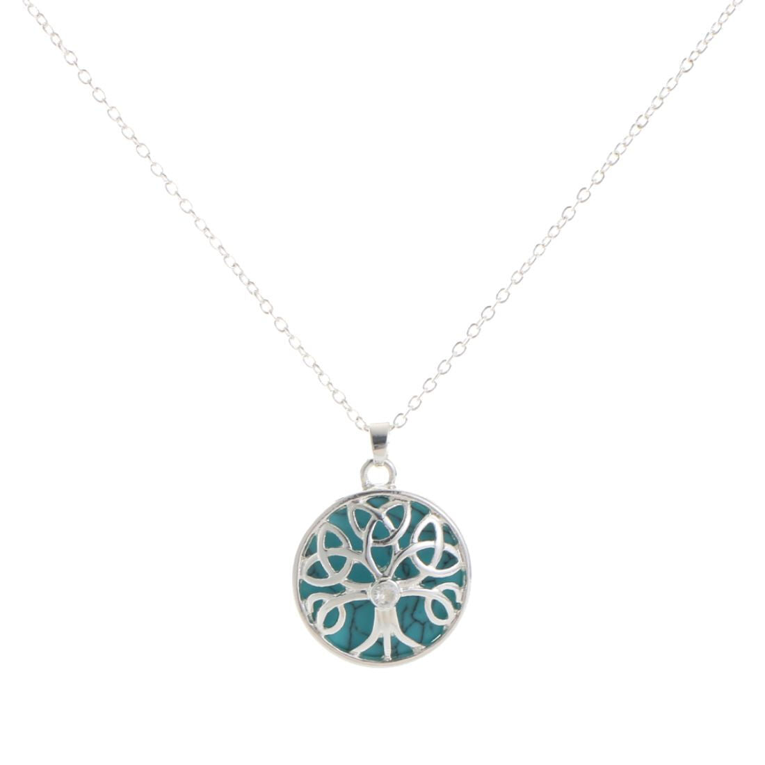 Turquoise stone Celtic energy necklace with a circular silver tree of life pendant on a delicate chain.