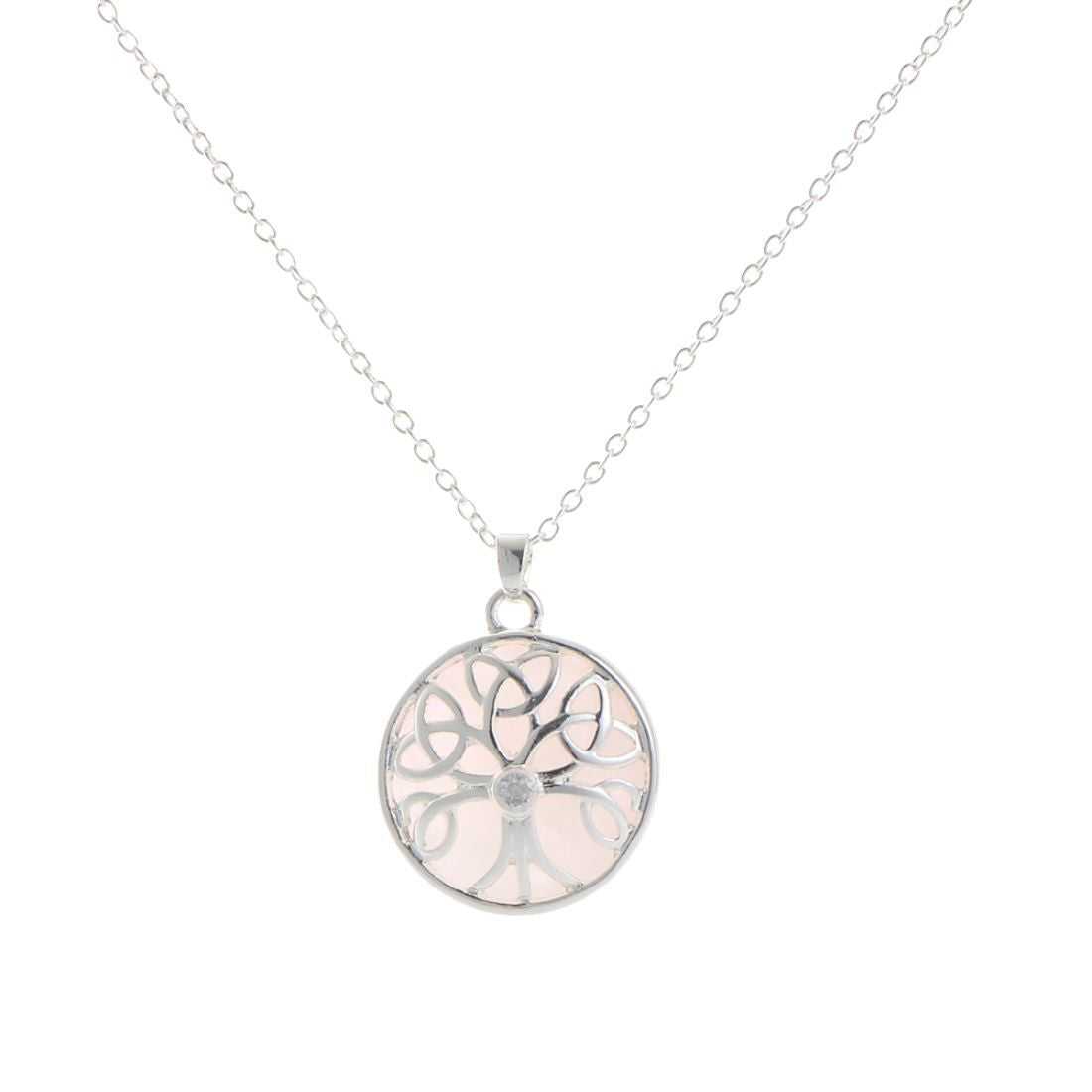 Rose quartz Celtic energy pendant on a silver chain with openwork circular frame and pink stone center