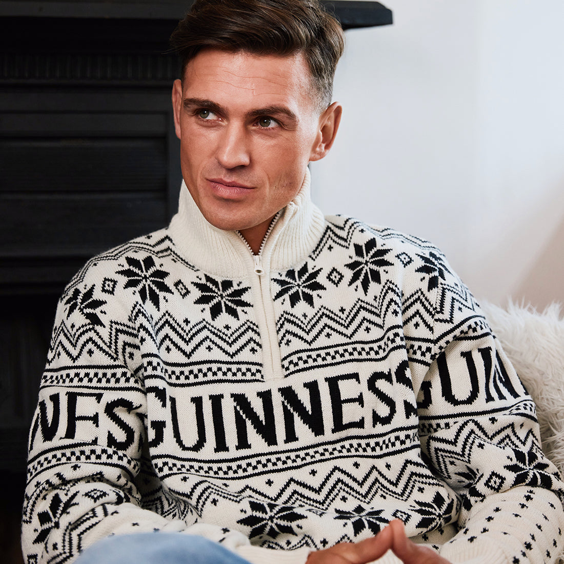 Guinness 1/4 Zip Festive Cream Christmas Sweater