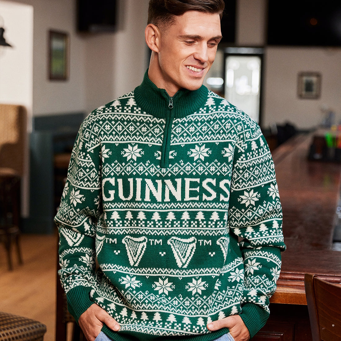 Guinness 1/4 Zip Festive Green Christmas Sweater