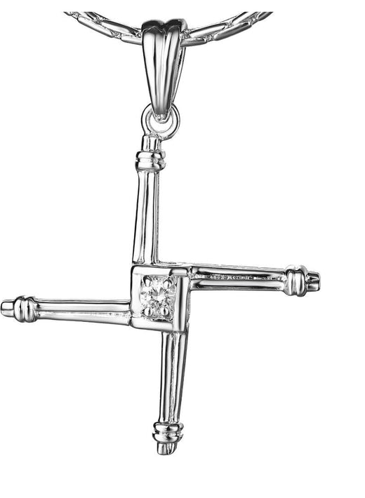 Silver cross pendant with a diamond centerpiece on a chain
