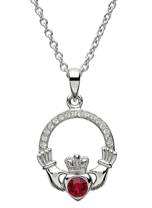 Shanore Claddagh July Ruby Birthstone Necklace Adorned With Crystal