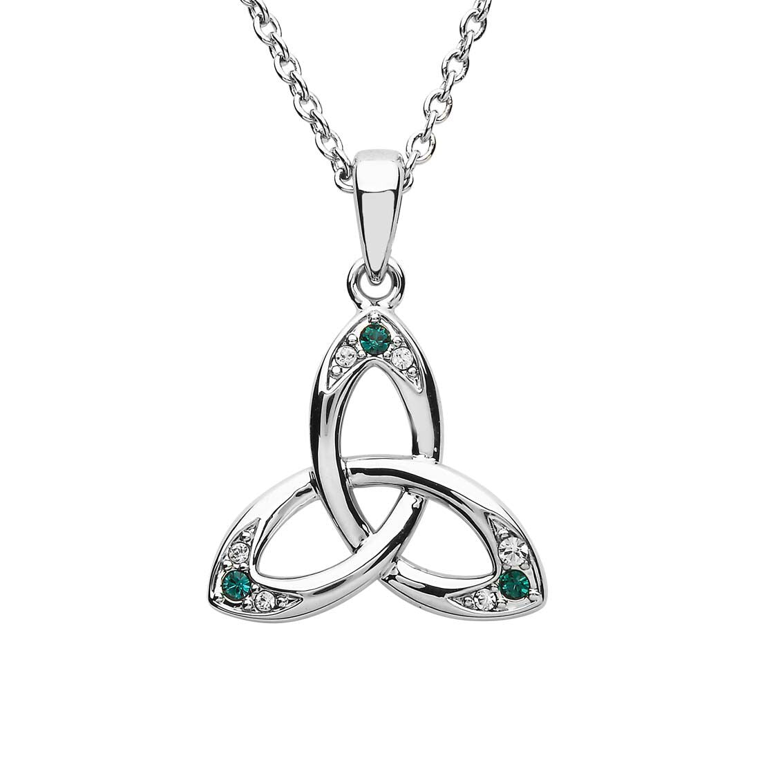 Platinum Plated Trinity Knot Necklace With Green & Clear Crystals