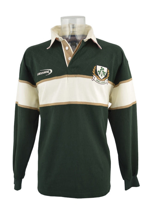 Lansdowne Ireland striped long sleeve rugby shirt in bottle and natural on a mannequin