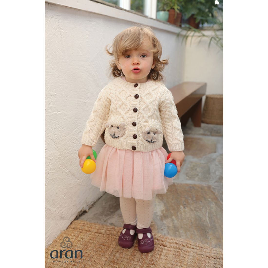 Irish Aran Baby Shepley Button Down Cardigan With Cute Sheep 