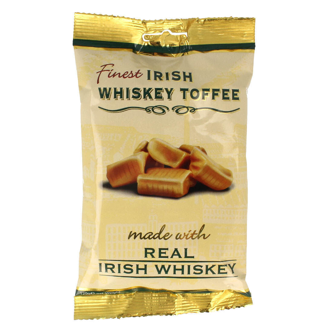 Golden beige bag labeled Finest Irish Whiskey Toffee made with real Irish whiskey