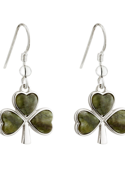 Rhodium plated Connemara marble shamrock drop earrings with green stones and silver clover shapes