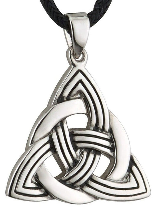 Pewter Celtic Trinity knot pendant on a black braided cord necklace.
