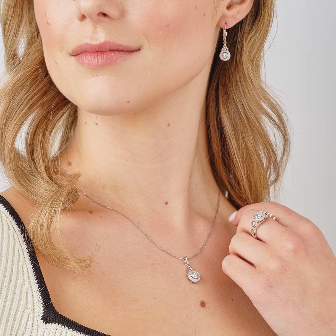 Silver CZ Cluster Trinity Knot Drop Earrings