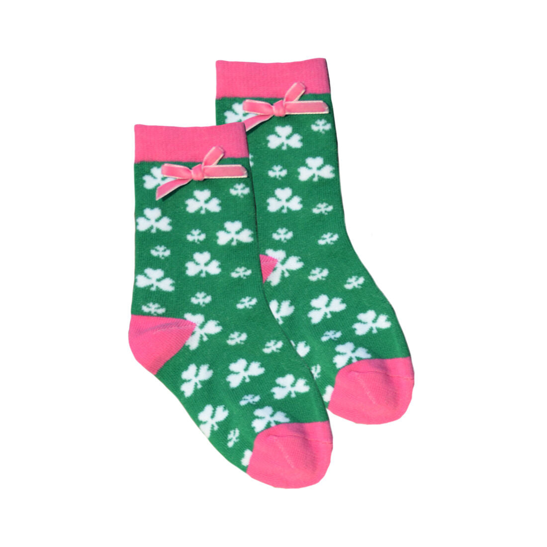 Green kid's socks with white shamrocks pink toes and pink cuffs with bow accents