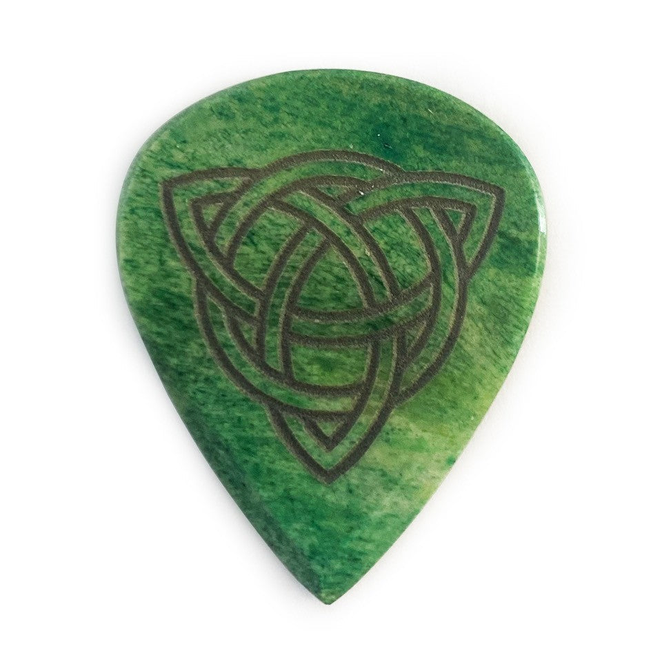 Green buffalo bone Trinity Knot guitar pick with a dark interwoven knot design