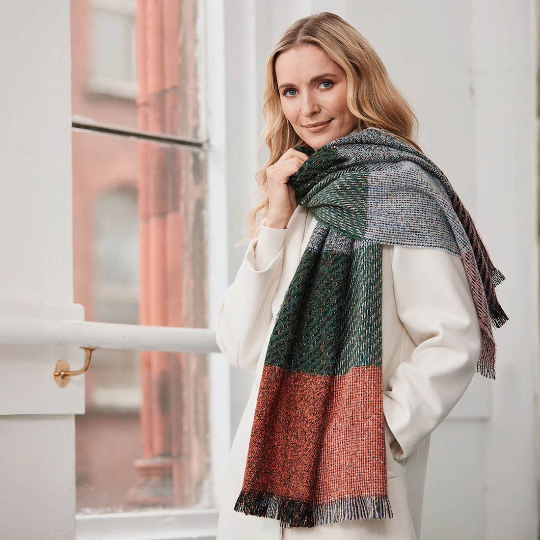 Ladies Orange & Pink Check Square Twill Scarf