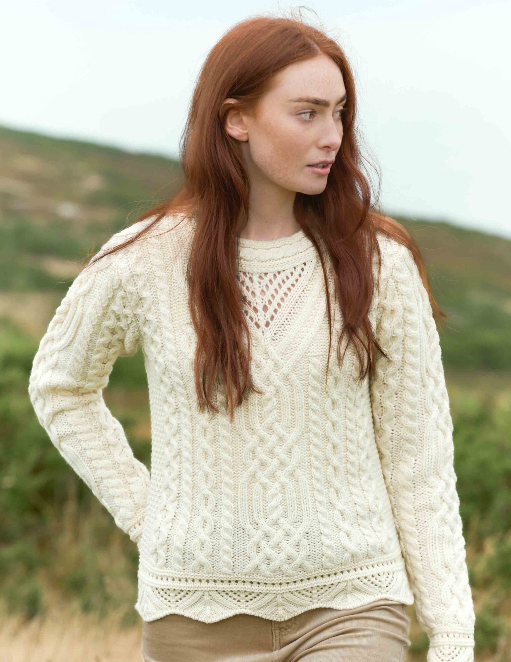 Women's Streedagh Scallop Lace Stitch Natural Aran Sweater