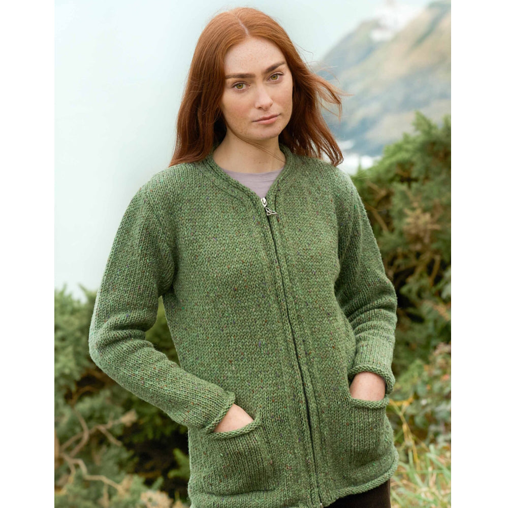 Women's Inishowen Donegal Wool Zip Sage Aran Cardigan
