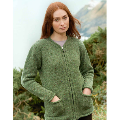 Women's Inishowen Donegal Wool Zip Sage Aran Cardigan