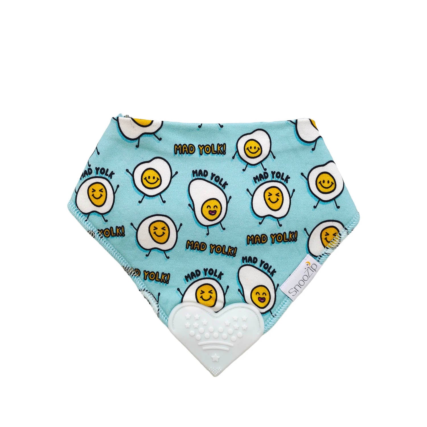 Snoozip Mad Yolk teething bib in teal with repeating yellow yolk faces and a heart shaped silicone teether